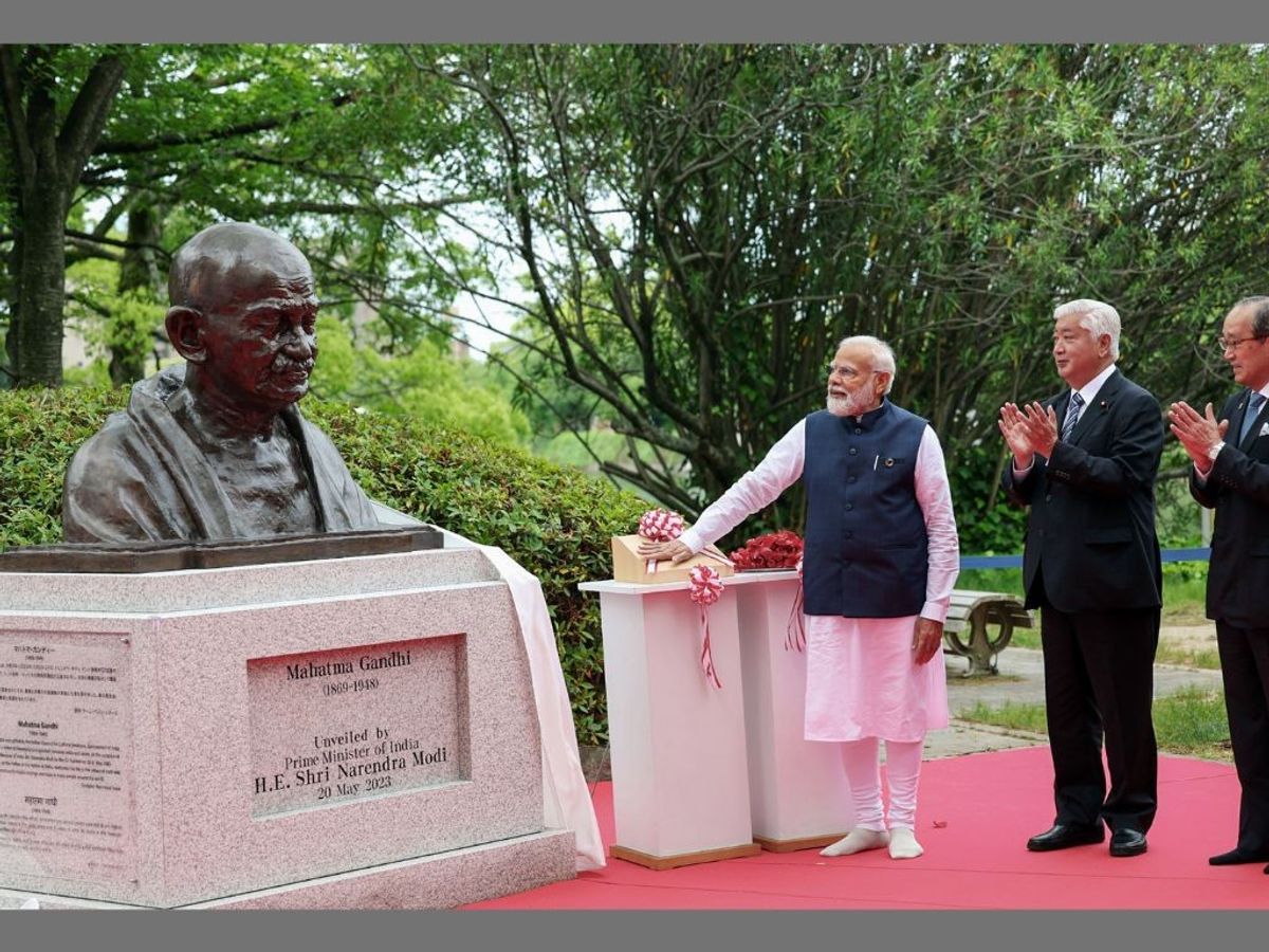 A bust of Mahatma Gandhi unveiled by prime minister Narendra Modi in Hiroshima, Japan,