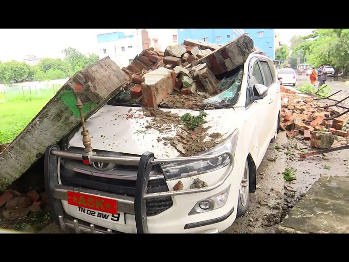 A car destroyed during Cyclone Mandous in Chennai, Tamil Nadu