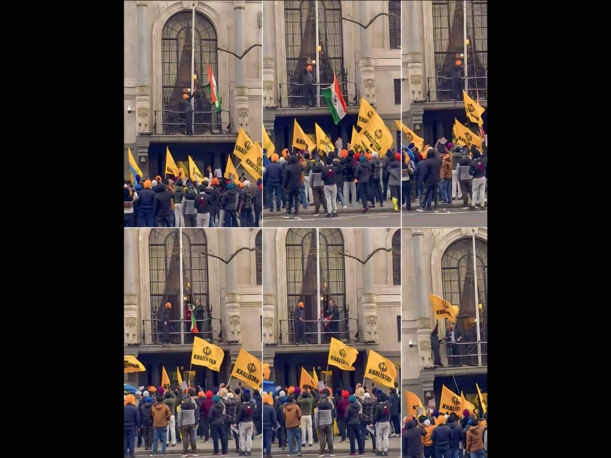 A combination of pictures show Khalistani elements attempting to pull down the Indian flag but the flag was rescued by the Indian security personnel at the Indian high commission in London on Sunday, March 19, 2023.