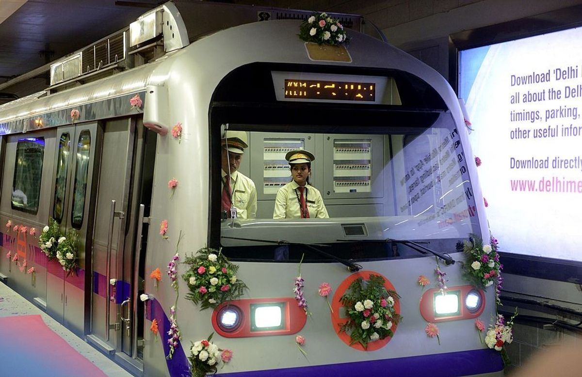A decorated Delhi Metro train