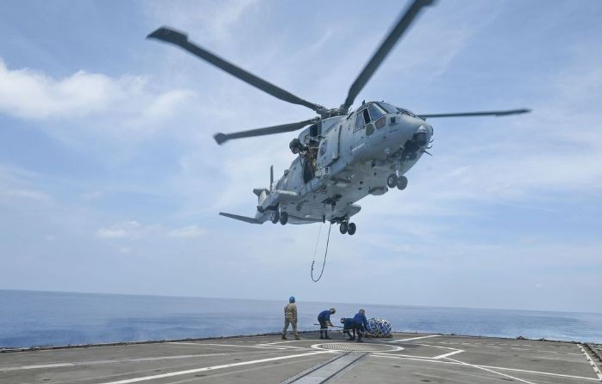 A helicopter of the Indian Navy during a maritime exercise with UK Littoral Response Group on April 25, 2024