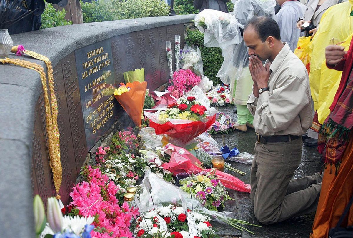 A man prays at a memorial for the victims of the 1985 Air India plane Kanishka's bombing that killed all 329 on board.