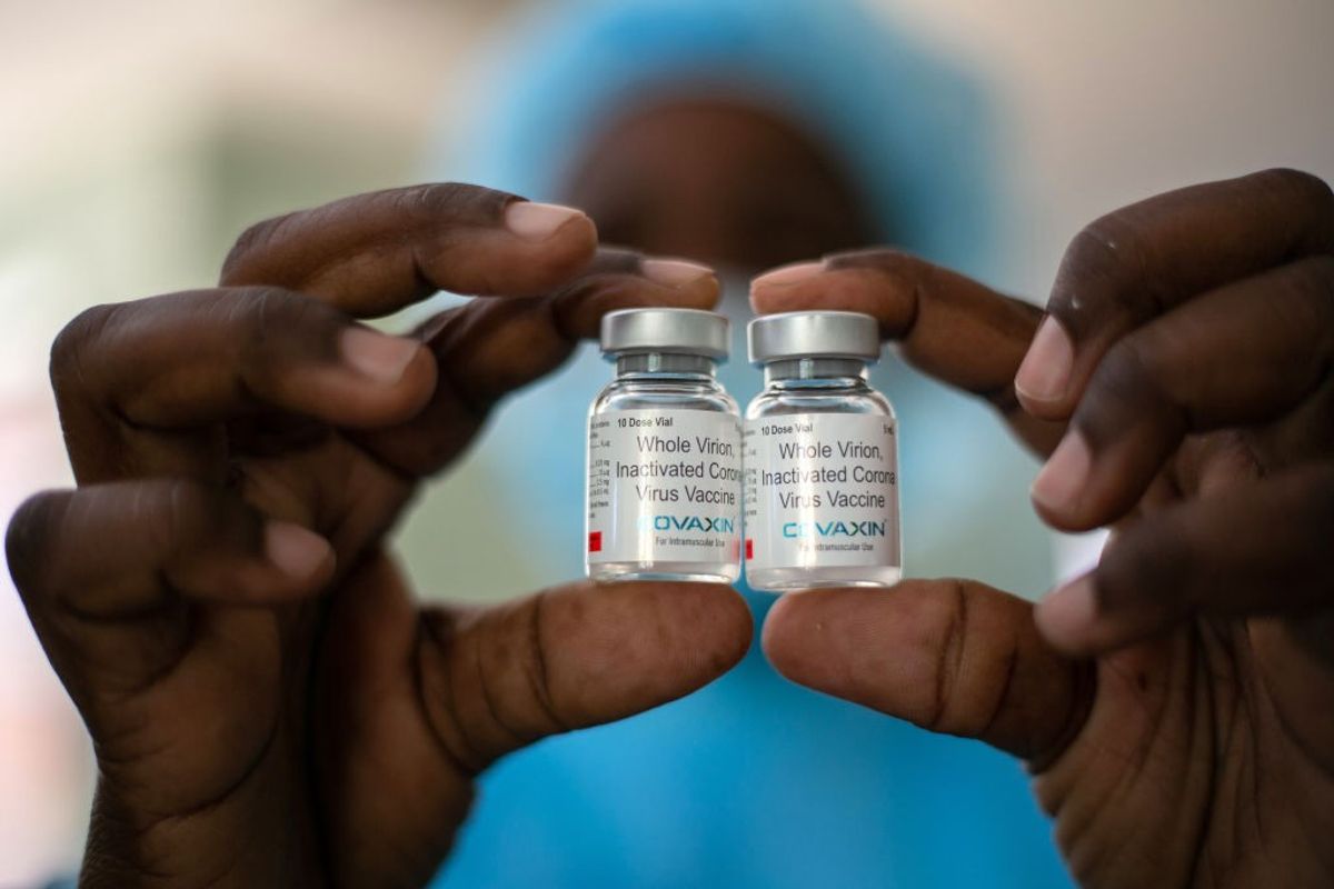 A nurse shows off the vials of Covaxin, India-made Covid-19 vaccine