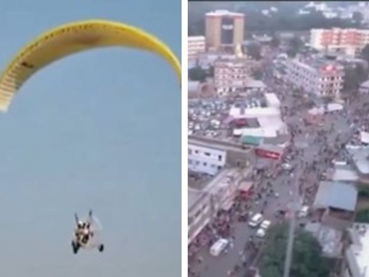 A paragliding policeman (L) patrols during the Lili Parikrama in Junagadh in the western Indian state of Gujarat and a bird's eye view from above (R)
