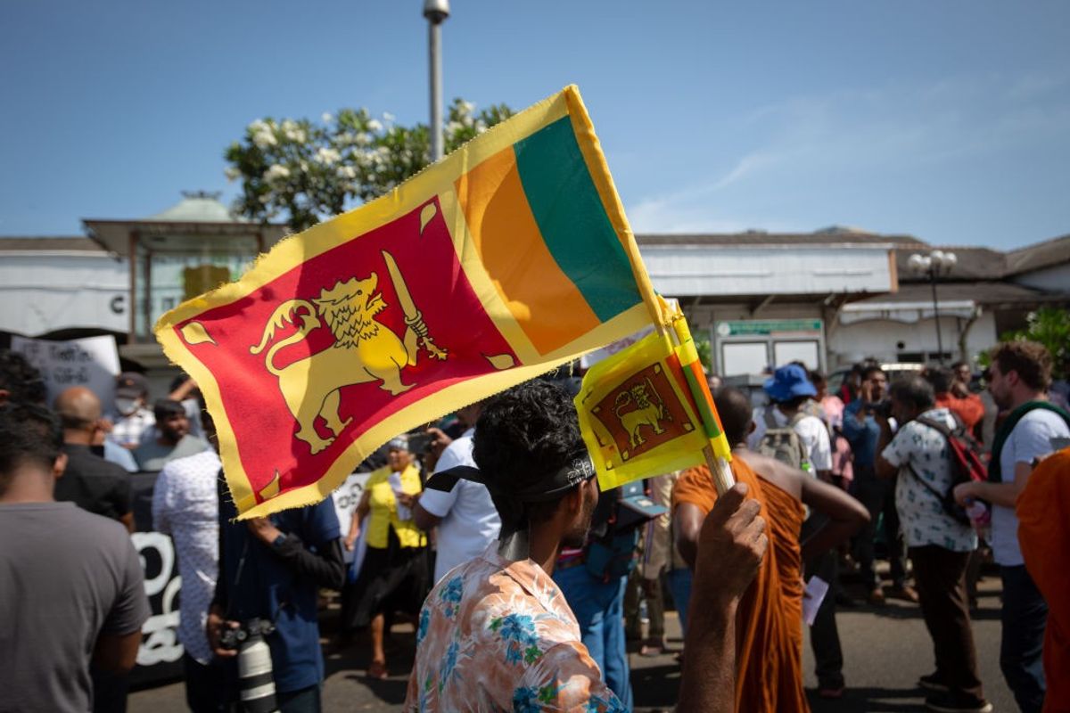 A protestor waves Sri Lanka's national flag in Colombo.