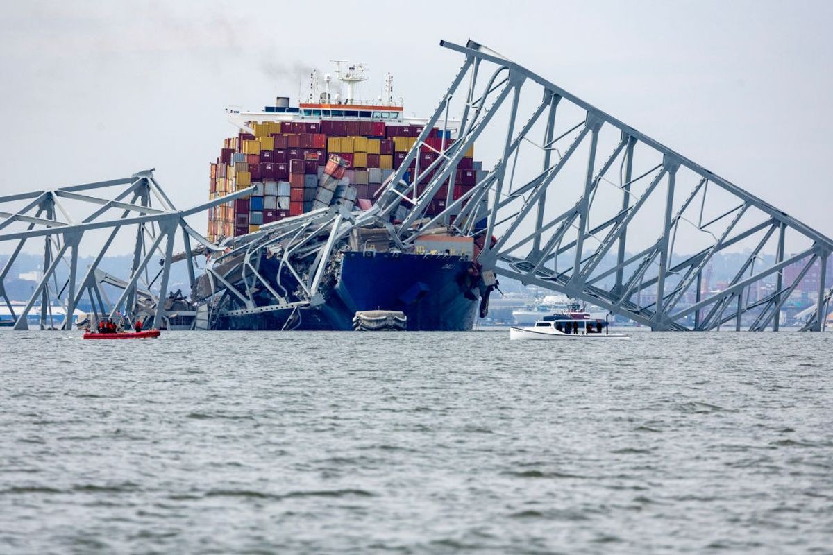 A scene from the accident where a cargo ship crashed into a bridge in Baltimore