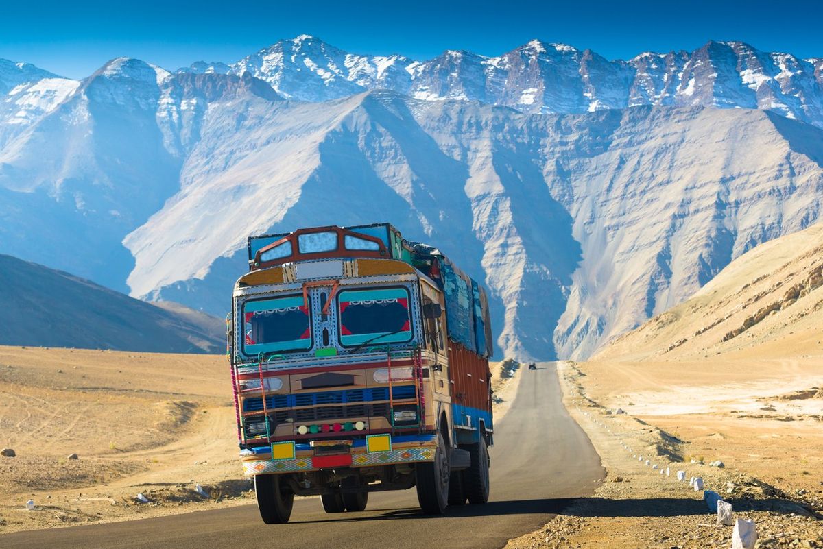 A truck plies on a road in Leh, Ladakh