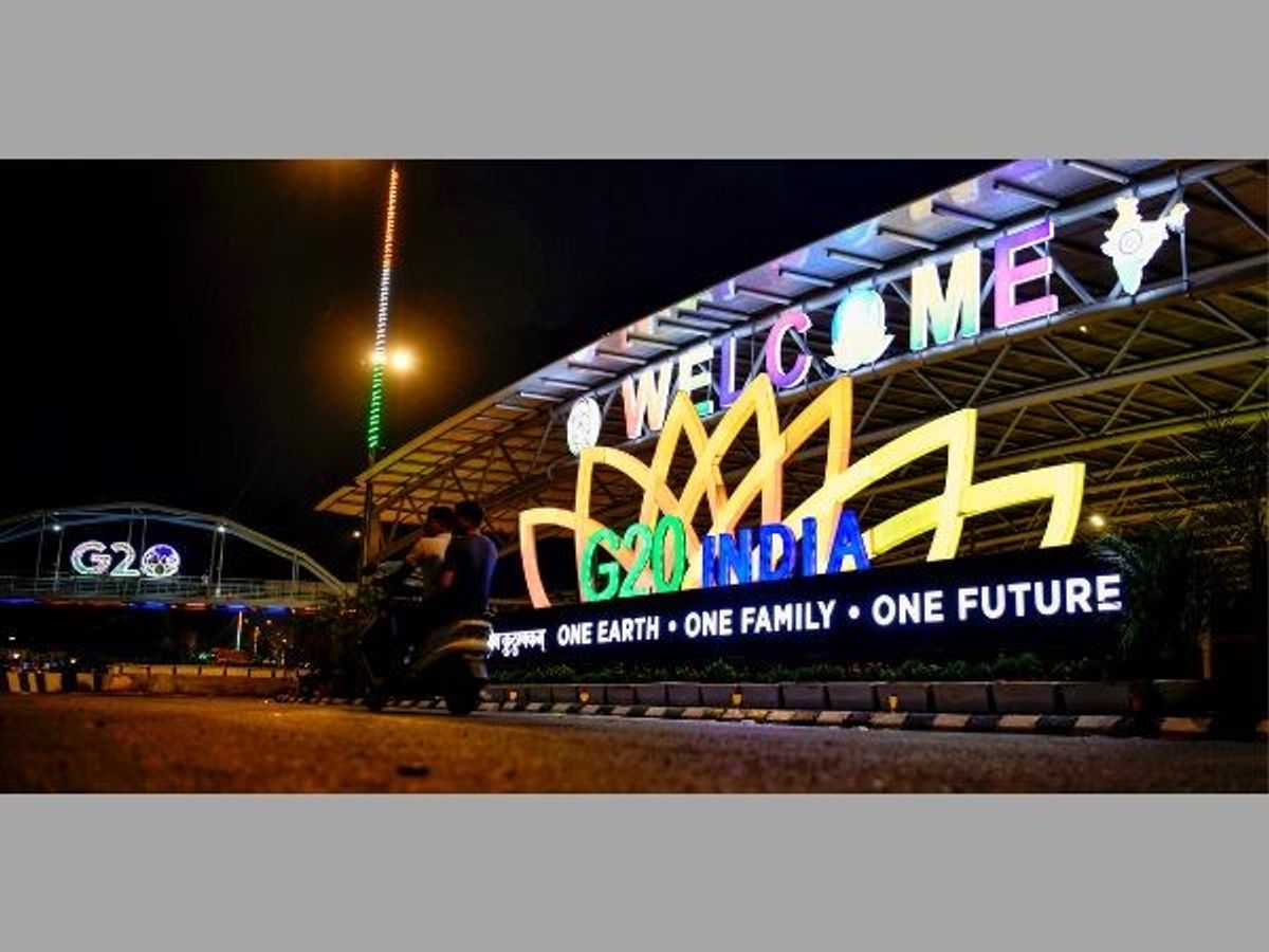 A view of beautification work and lighting around Bharat Mandapam convention centre of Pragati Maidan ahead of G20 Summit, in New Delhi, India,