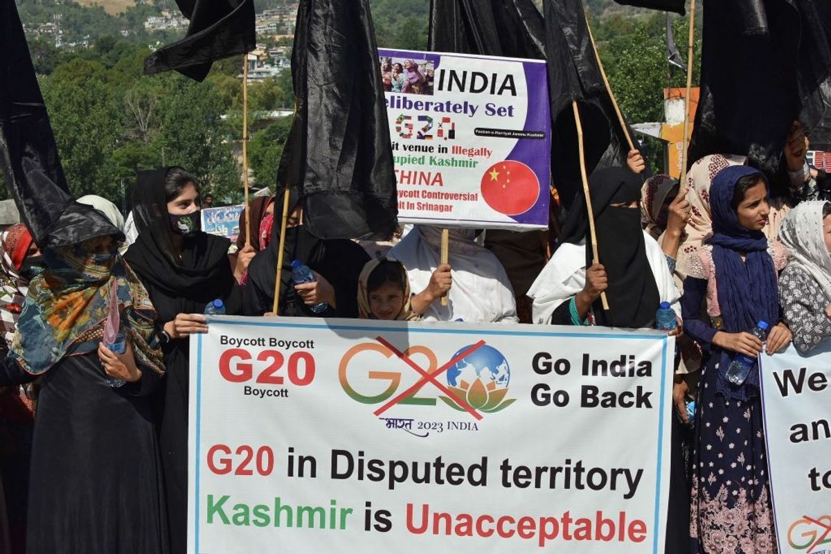 Activists of Pasban-e-Hurriyat, a Kashmiri refugee organisation, hold an anti-India protest in Muzaffarabad, the capital of Pakistan-administered Kashmir on May 22, 2023, against the G20 tourism meet being held in Indian Union Territory of Jammu and Kashmir