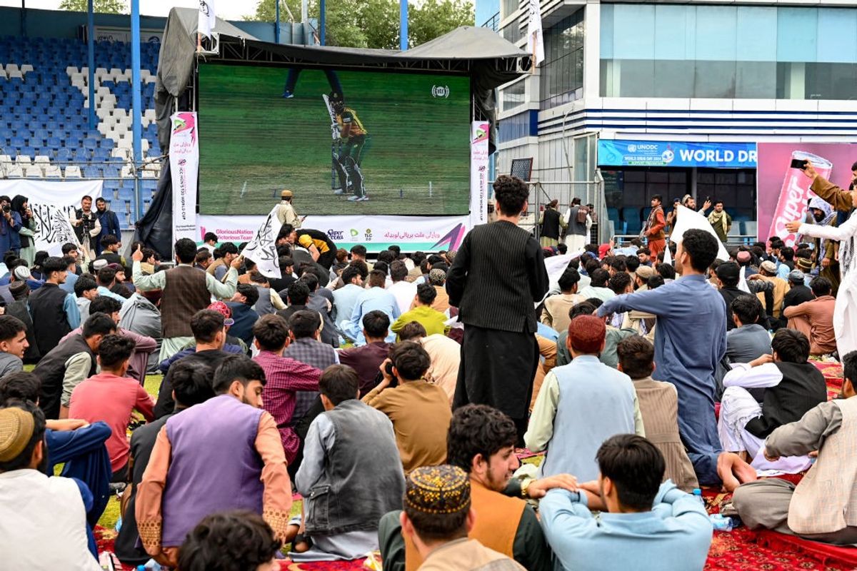 Afghanistan supporters watch the T20 World Cup semifinal between their team and South Africa in a stadium in Kabul, Afghanistan, on June 27, 2024.