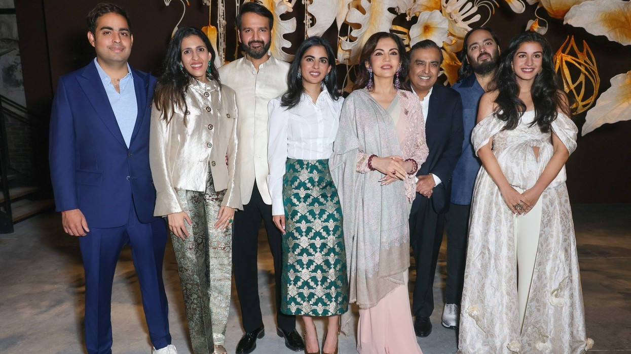 Ambani family (L-R): Akash Ambani, Shloka Mehta, Anand Piramal, Isha Ambani, Nita Ambani, Mukesh Ambani, Anant Ambani, Radhika