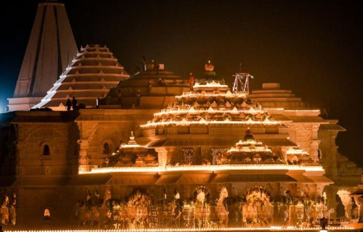 An illuminated view of Ram temple premises in India's Ayodhya