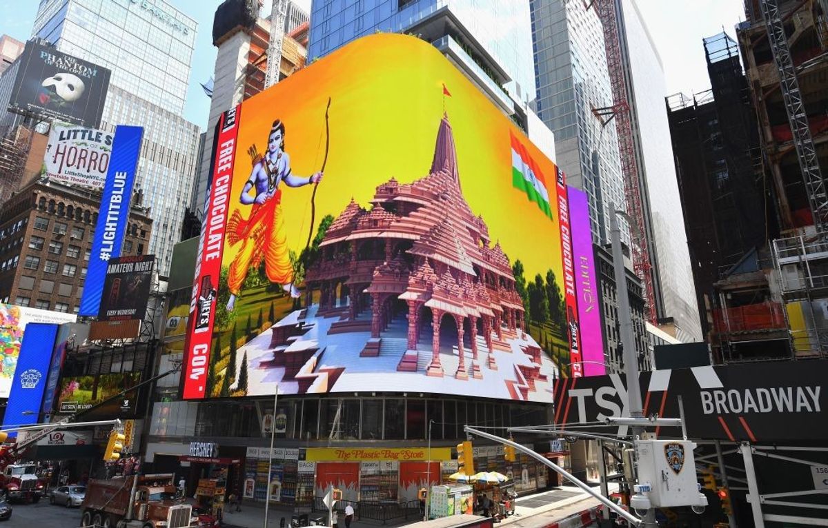 An image of Hindu deity Lord Ram and 3D portraits of the great Ram Temple are seen on a billboard in Times Square in New York City on August 5, 2020