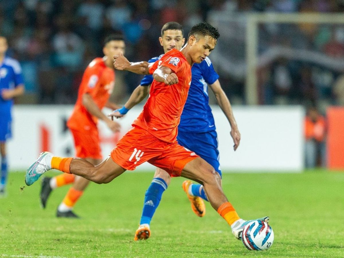 An Indian and Kuwaiti player play for dominating over the ball during the final of the SAFF Championship 2023 at Sree Kanteerava Stadium in Bengaluru,