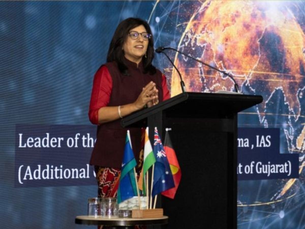 Anju Sharma, chief additional secretary of the government of the Indian state of Gujarat, speaks at the Vibrant Gujarat Global Summit 2024 Roadshow in Sydney, Australia,