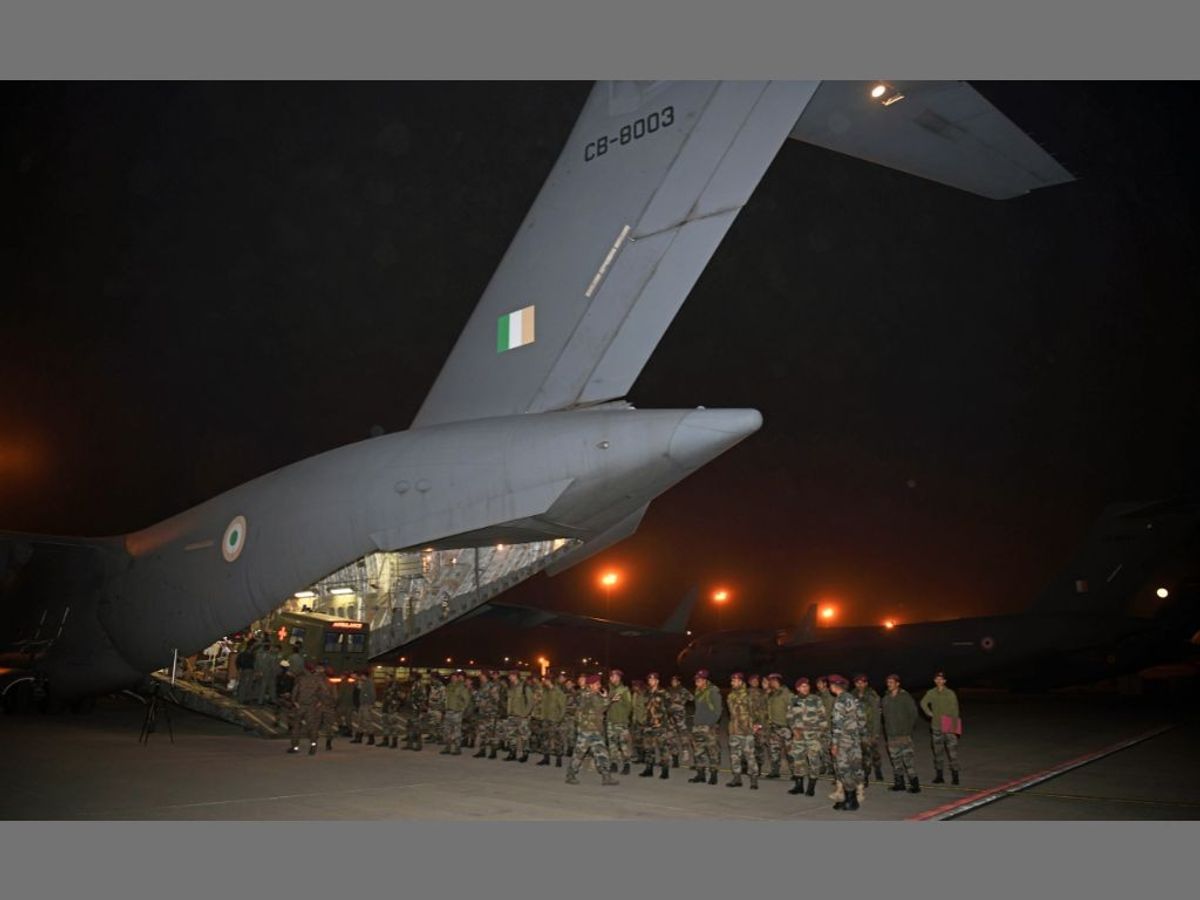 Army officials prior to leaving in the Indian Air Force (IAF) C-17 Globe Master aircraft to depart from Hindon Airbase in Ghaziabad, Uttar Pradesh, on Tuesday, February 7, 2023, for earthquake-hit Turkey