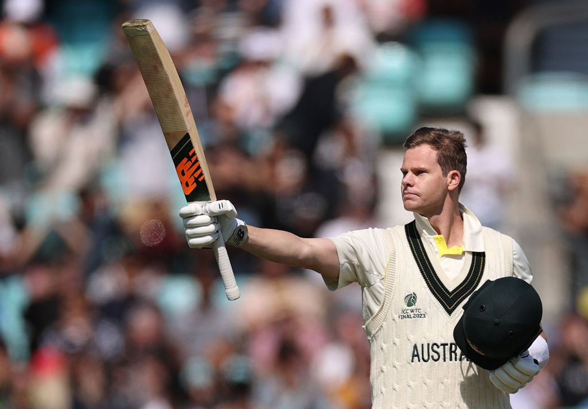 Australia batter Steve Smith celebrates after reaching his century during Day 2 of the ICC World Test Championship Final against India