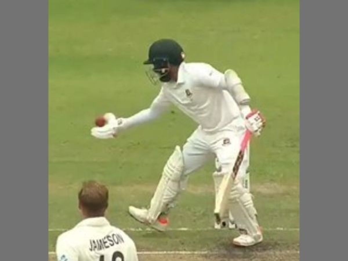Bangladesh batter Mushfiqur Rahim handles the ball after playing a shot against New Zealand fast bowler Kylie Jamieson in the second Test match in Mirpur