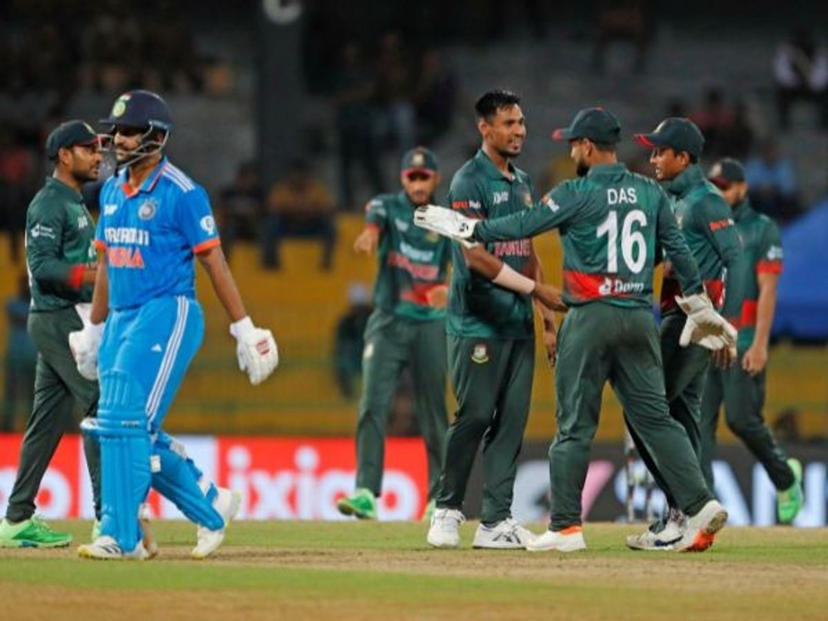 Bangladesh players celebrate the wicket of India's Shardul Thakur during their Super Four match in the Asia Cup 2023, at R.Premadasa Stadium, in Colombo, Sri Lanka.
