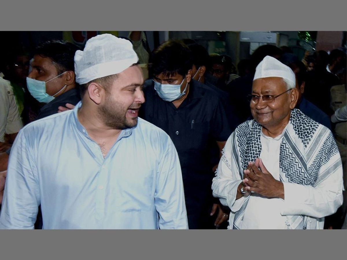 Bihar chief minister Nitish Kumar (R) and his deputy Tejashwi Yadav in state capital Patna during Ramadan 2022