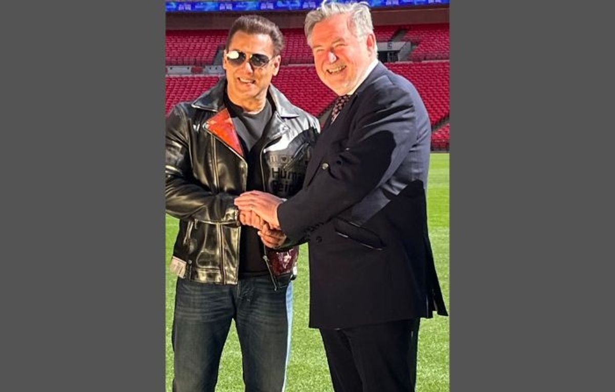 British parliamentarian Barry Gardiner with Indian actor Salman Khan at Wembley Stadium, London,