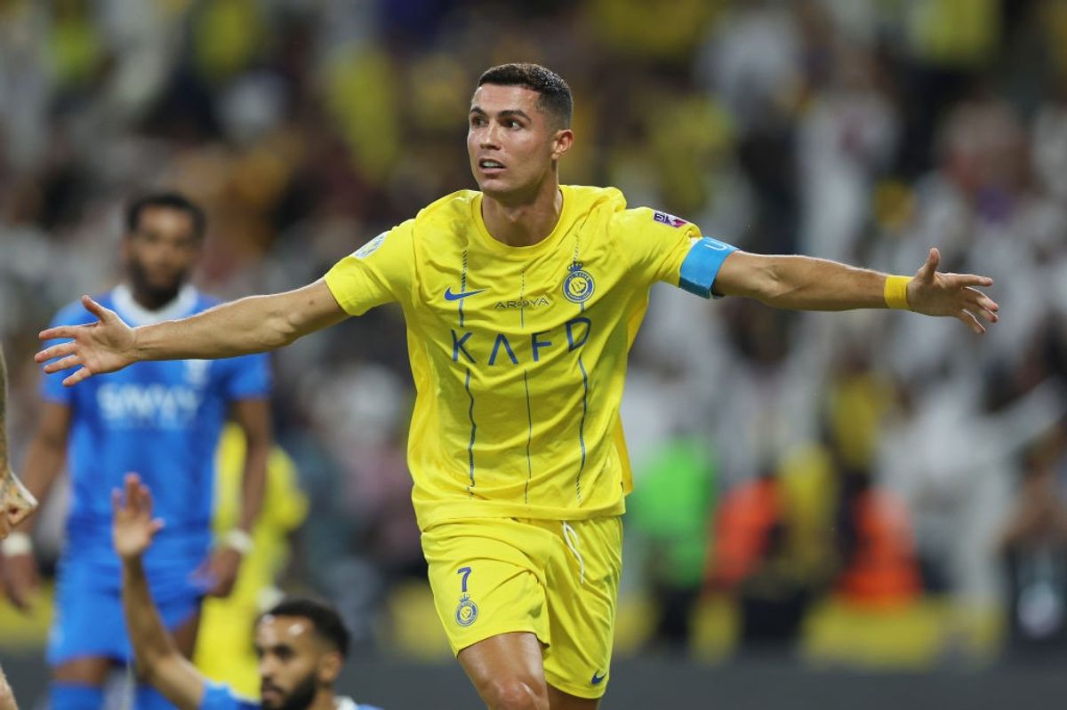 Cristiano Ronaldo celebrates after scoring a goal for Al Nassr.