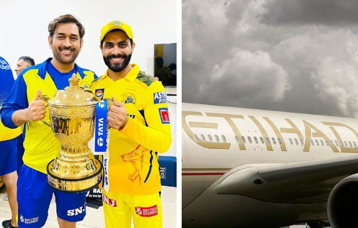 CSK players MS Dhoni and Ravindra Jadeja and Etihad logo