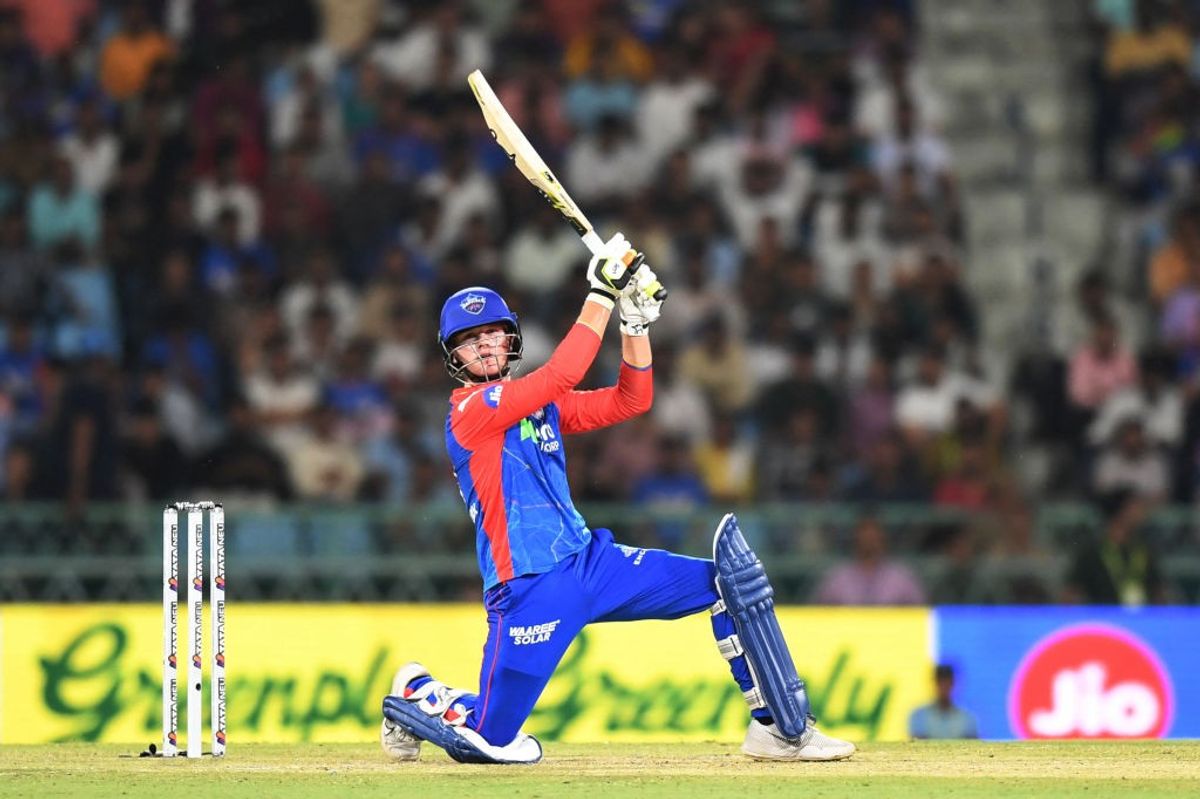 Delhi Capitals batter Jake Fraser-McGurk plays a shot against Delhi Capitals in IPL 2024