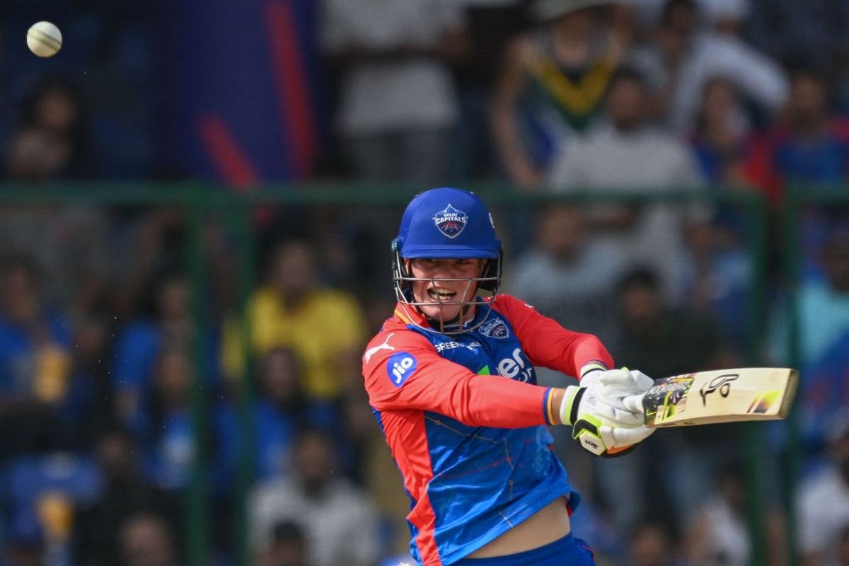 Delhi Capitals' Jake Fraser-McGurk plays a shot against Mumbai Indians in IPL 2024
