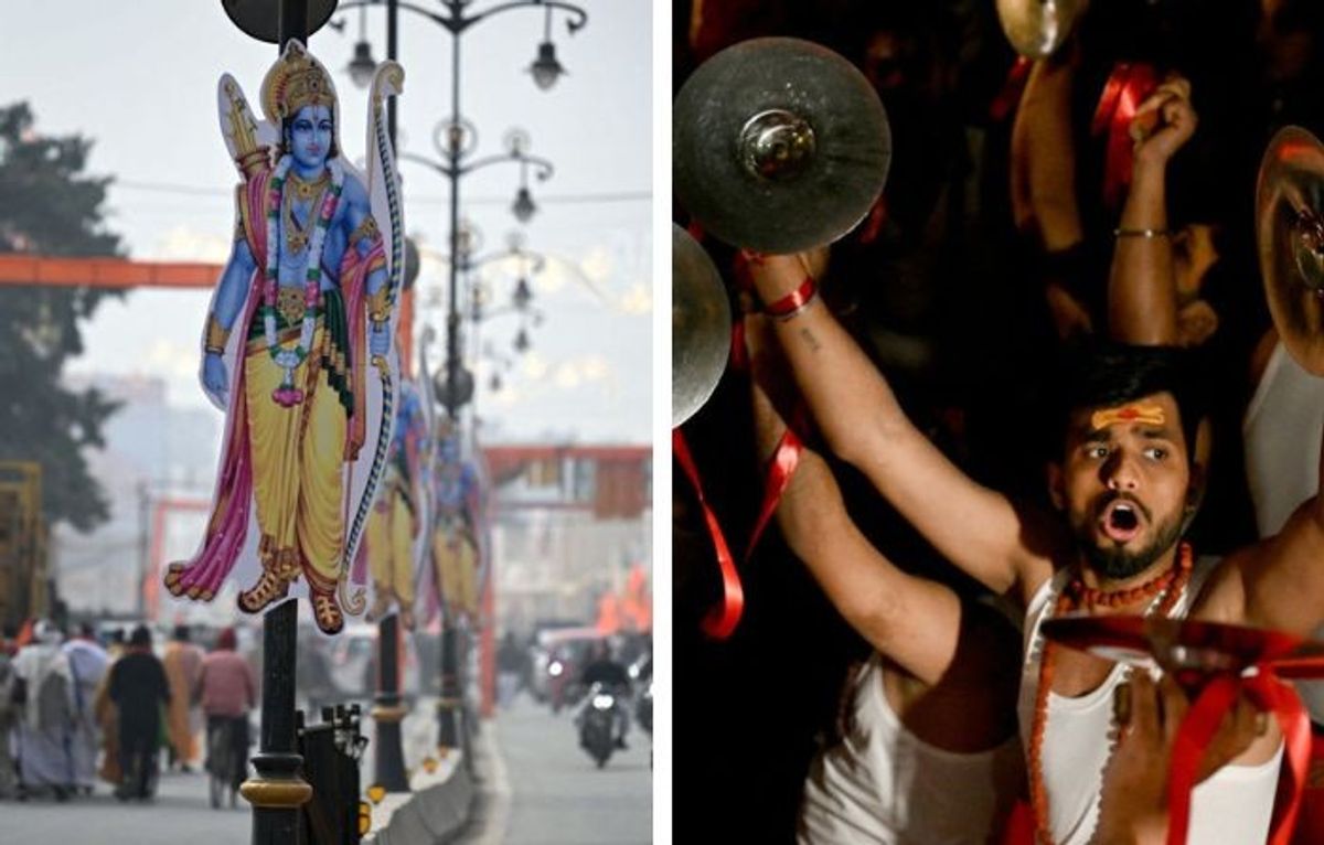 Devotees play instruments on the eve of the consecration of Ram temple in Ayodhya in India's Uttar Pradesh.