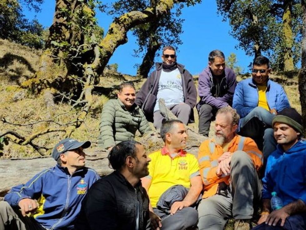 Dr Arnold Dix with rescue personnel at Silkyata tunnel in India's Uttarakhand