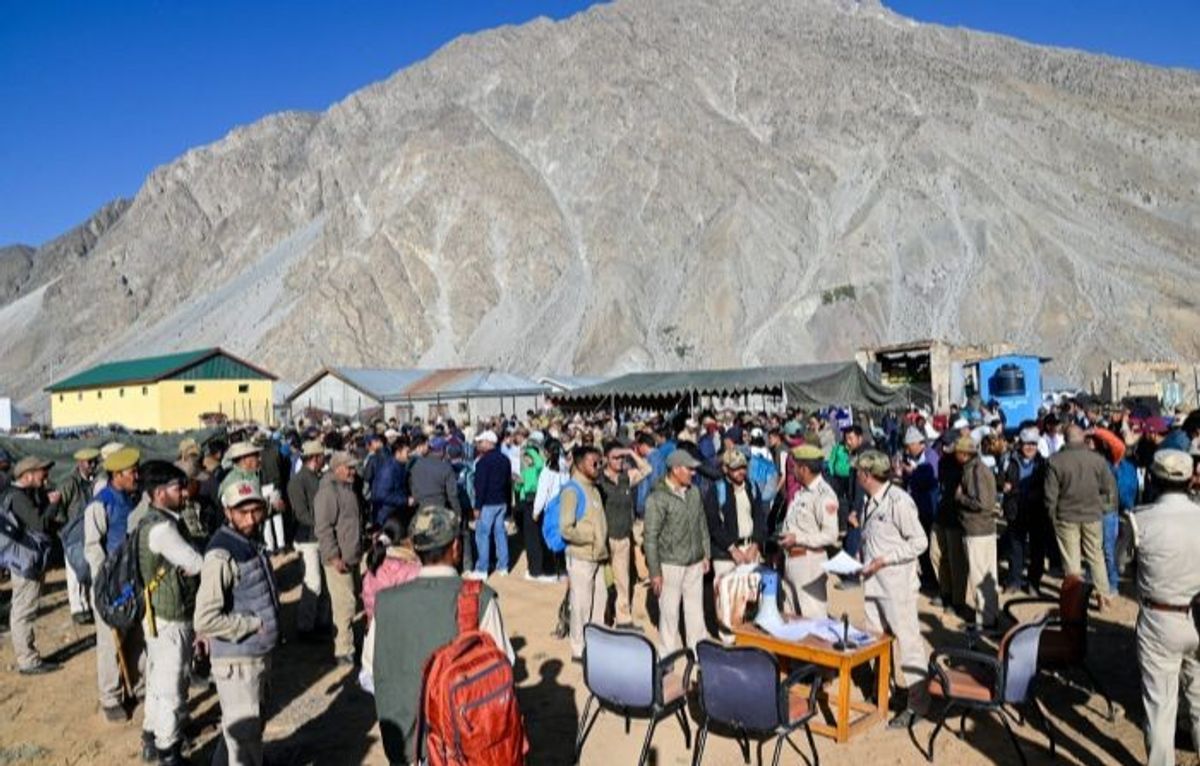 Election personnel in Kargil, Jammu and Kashmir, India, ahead of phase 5 of general elections 2024.