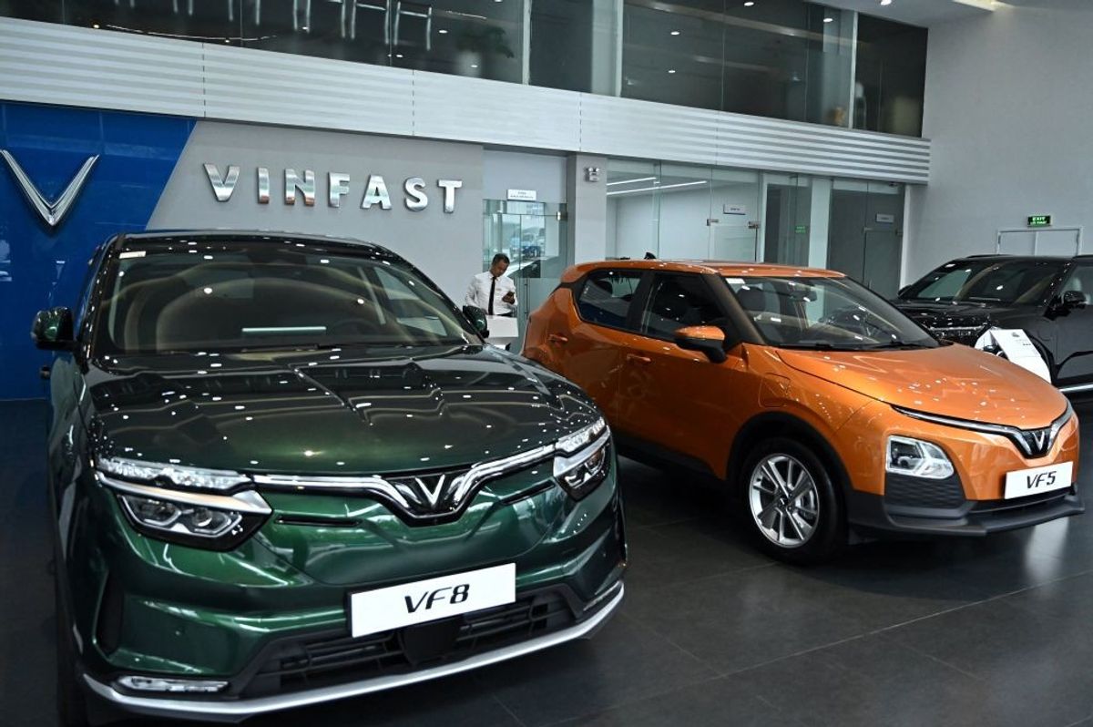 Electric cars are pictured on display at a VinFast showroom in Hanoi, Vietnam