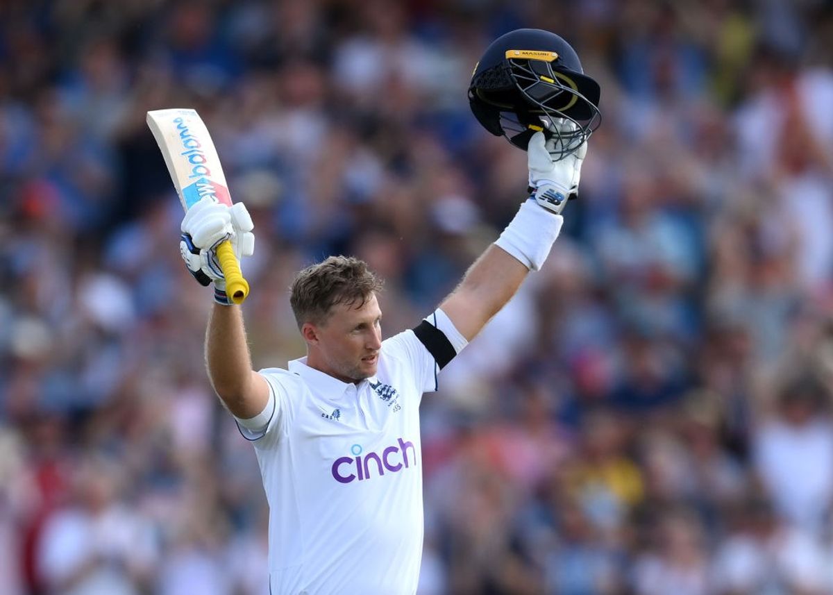 England batter Joe Root of England celebrates scoring a century during Day One of the 1st Test match between England and Australia at Edgbaston on June 16, 2023 in Birmingham, England