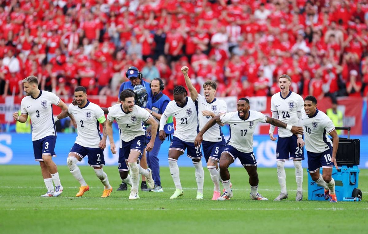 England footballers celebrate after beating Switzerland on penalties in Euro 2024 quarterfinals.