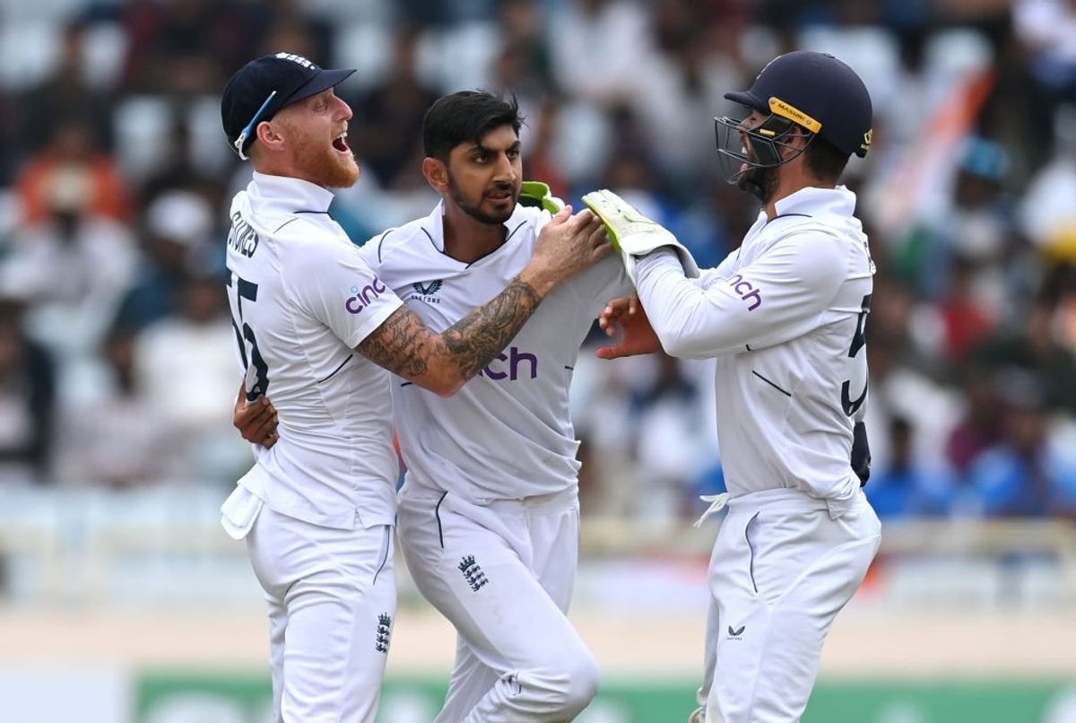 England spinner Shoaib Bashir celebrates the wicket of an India batter in fourth Test in Ranchi