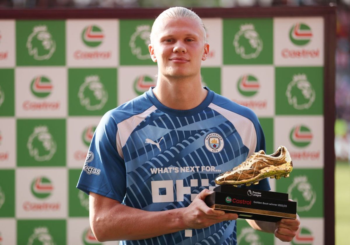 Erling Haaland of Manchester City poses for a photo after being awarded the Premier League Castrol Golden Boot 2022/23