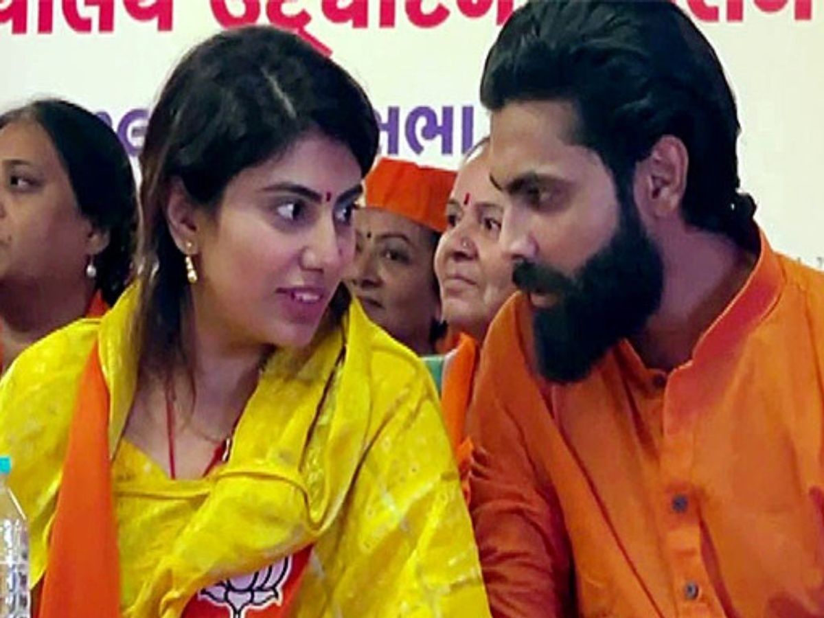 (File photo) Bharatiya Janata Party Rivaba Jadeja (L) with her cricketer husband Ravindra Jadeja