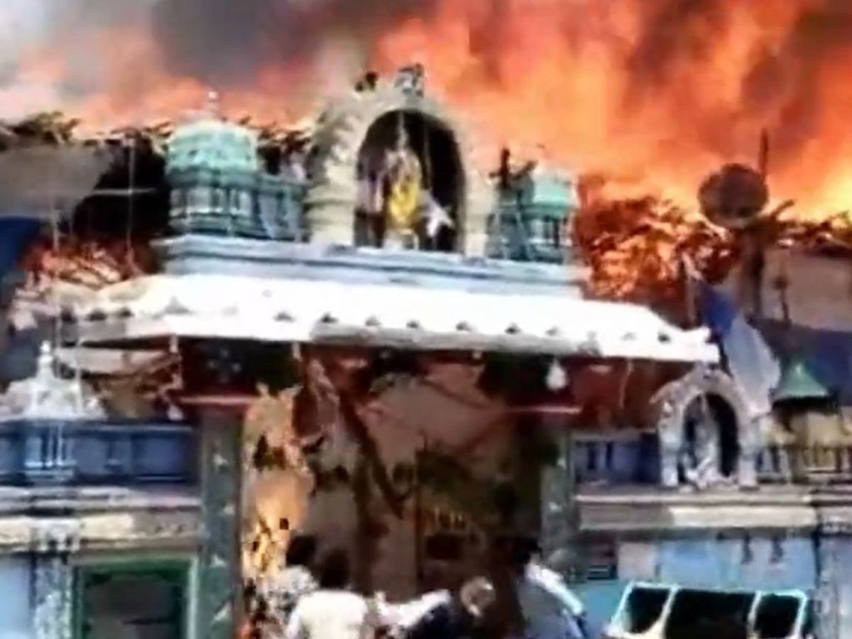 Fire breaks out at a temple in West Godavari district of the Indian state of Andhra Pradesh during Ram Navami celebrations on Thursday, March 30, 2023