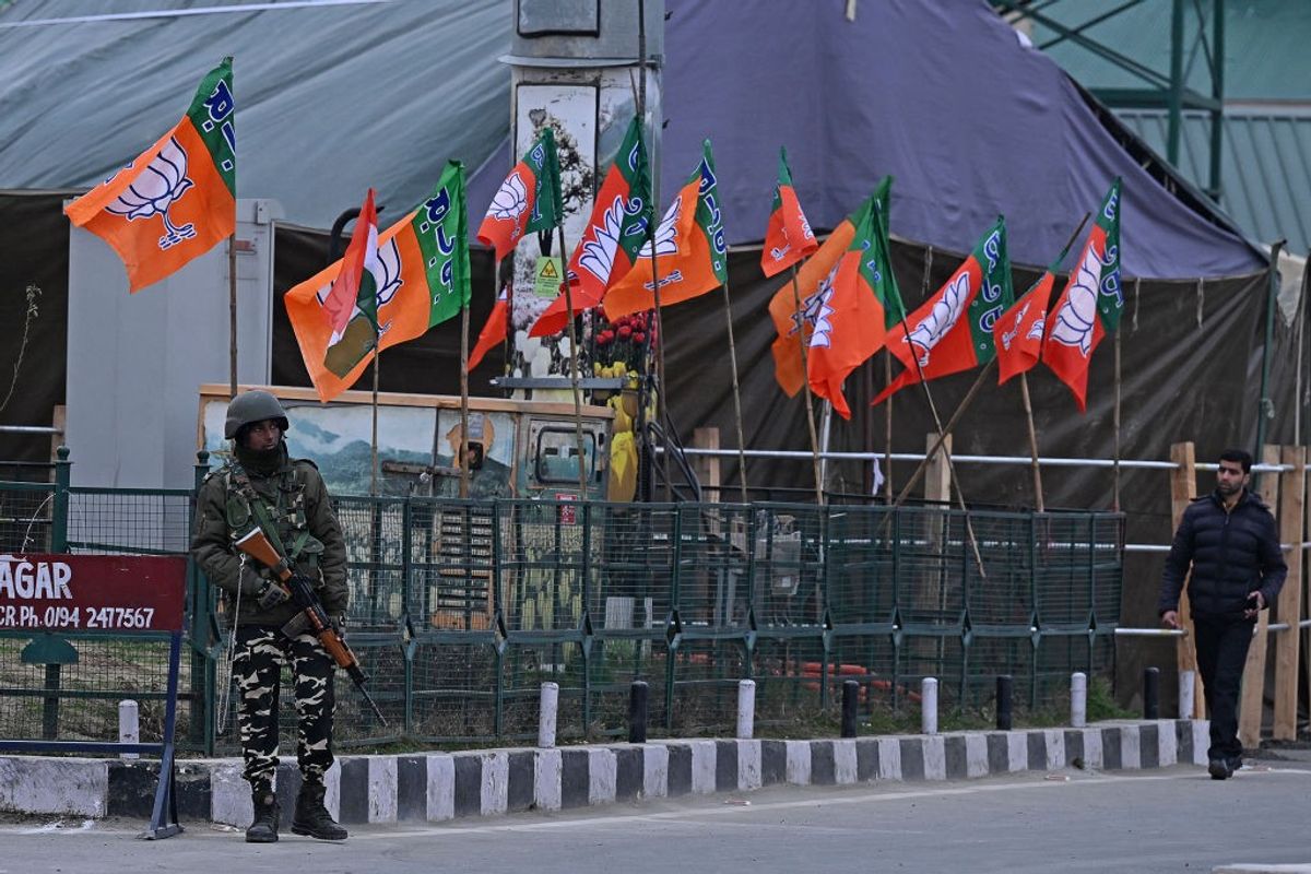 Flags of India's ruling Bharatiya Janata Party at a public rally in Srinagar in India's Kashmir