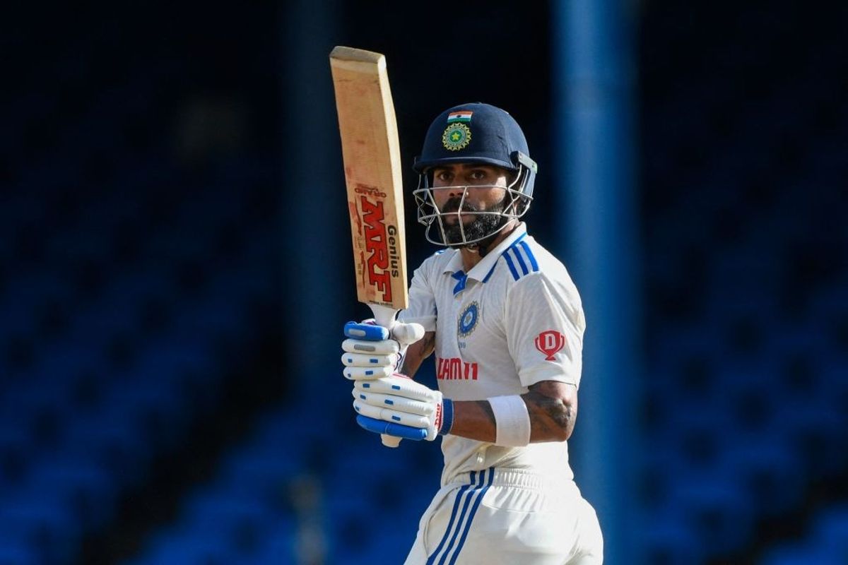 Former India captain Virat Kohli plays a shot in second Test match against the West Indies at Queen's Park Oval in Port of Spain, Trinidad and Tobago
