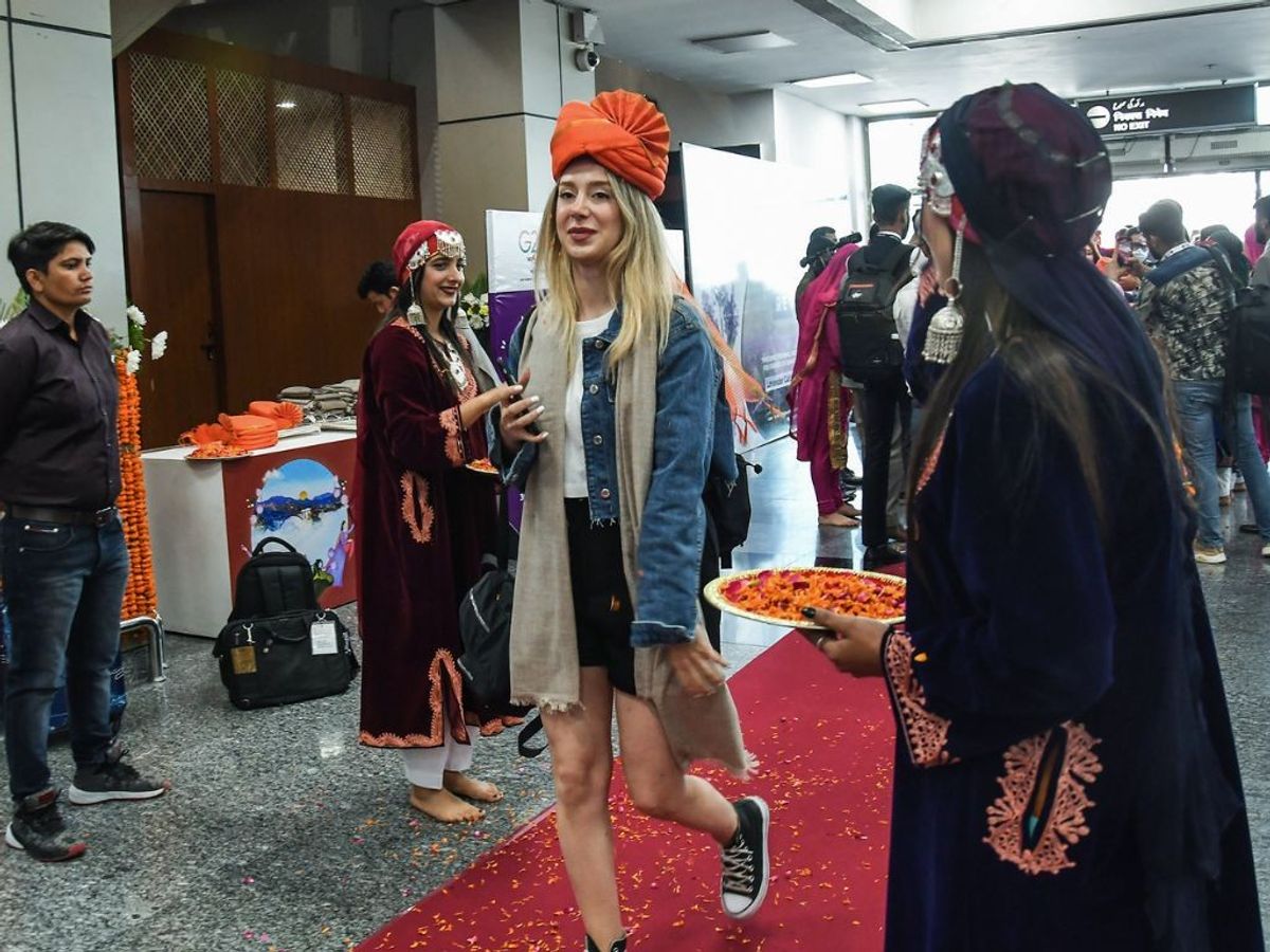 G20 delegates being welcomed on their arrival at Srinagar airport in Jammu and kashmir, India, to attend the G20 tourism working group meeting.