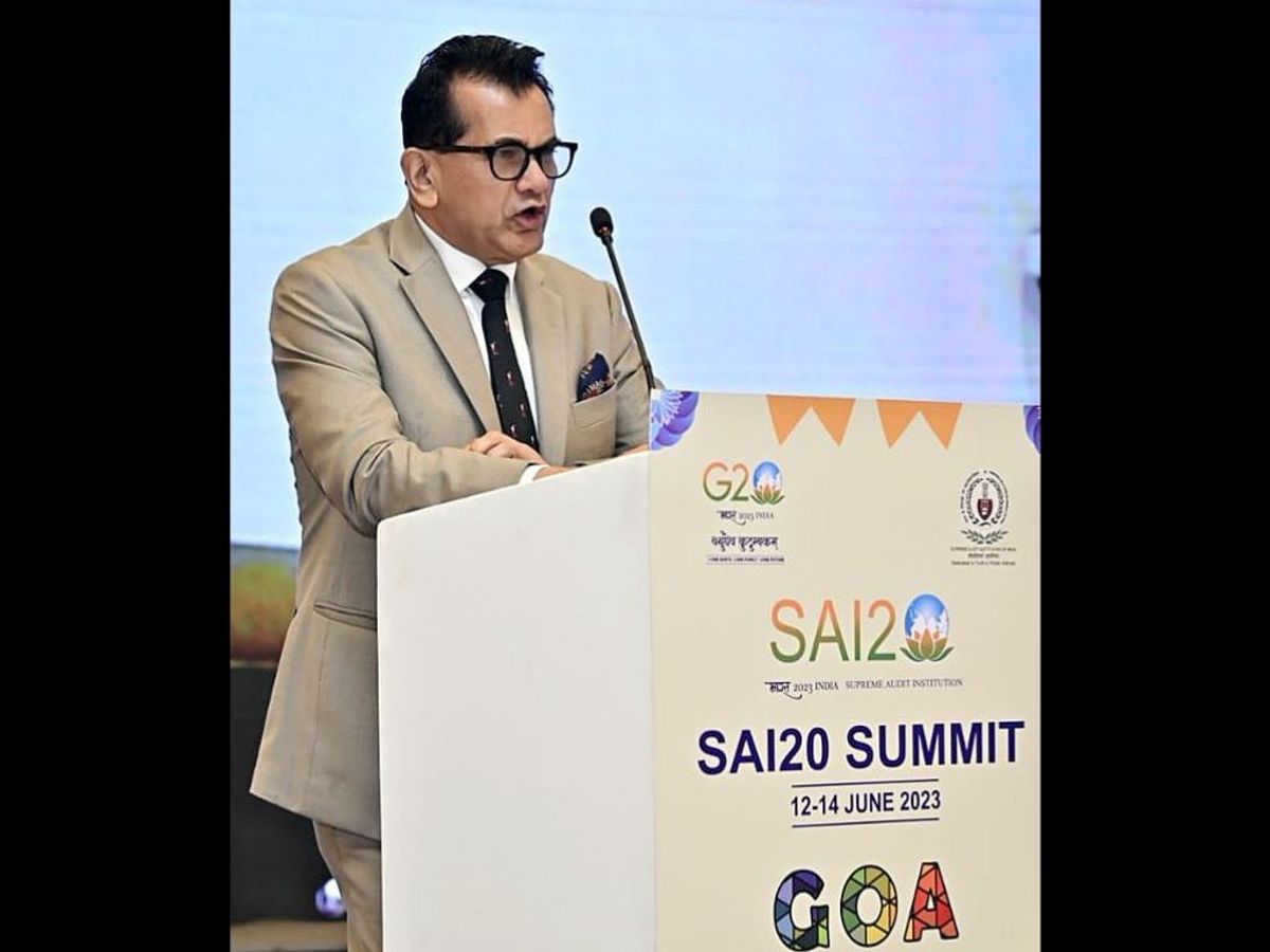 G20 sherpa Amitabh Kant addresses on the first day of the Supreme Audit Institutions (SAI20) summit of the G20 in Goa