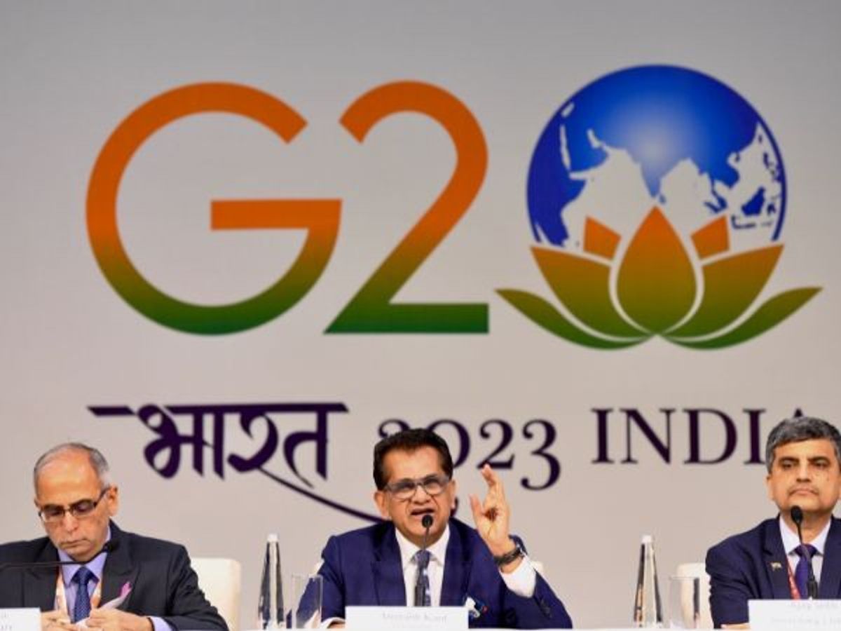 G20 sherpa Amitabh Kant (centre) along with foreign secretary Vinay Kawatra (left), G20 Chief Coordinator Harsh Shingla and Ajay Seth, secretary of the department of economic affairs under the Indian finance ministry, address a press conference in New Delhi ahead of the G20 summit