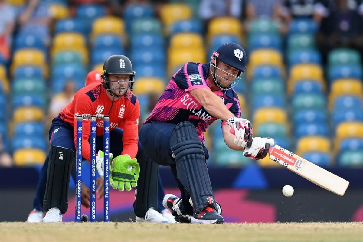 George Munsey of Scotland bats during an ICC Men's T20 Cricket World Cup match against England at Kensington Oval on June 04, 2024 in Bridgetown, Barbados.