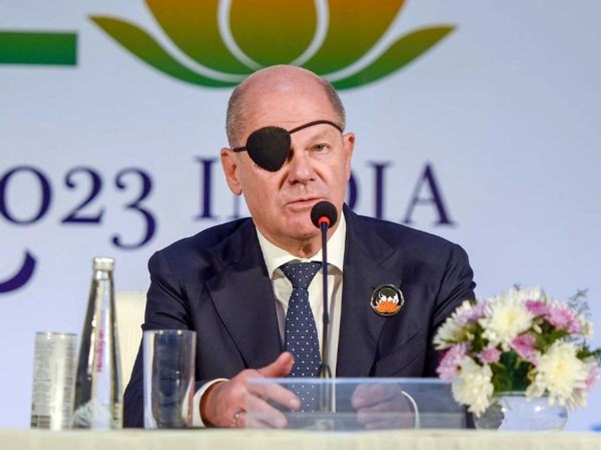 German chancellor Olaf Scholz addresses a press conference on the G20 summit, in New Delhi, India,