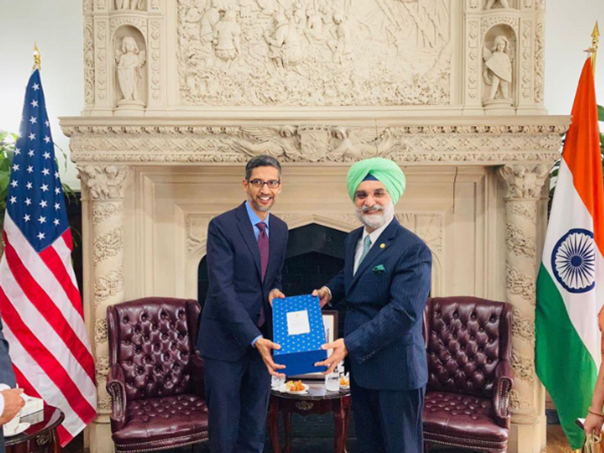 Google CEO Sundar Pichai with Indian ambassador to the US Taranjit Singh Sandhu