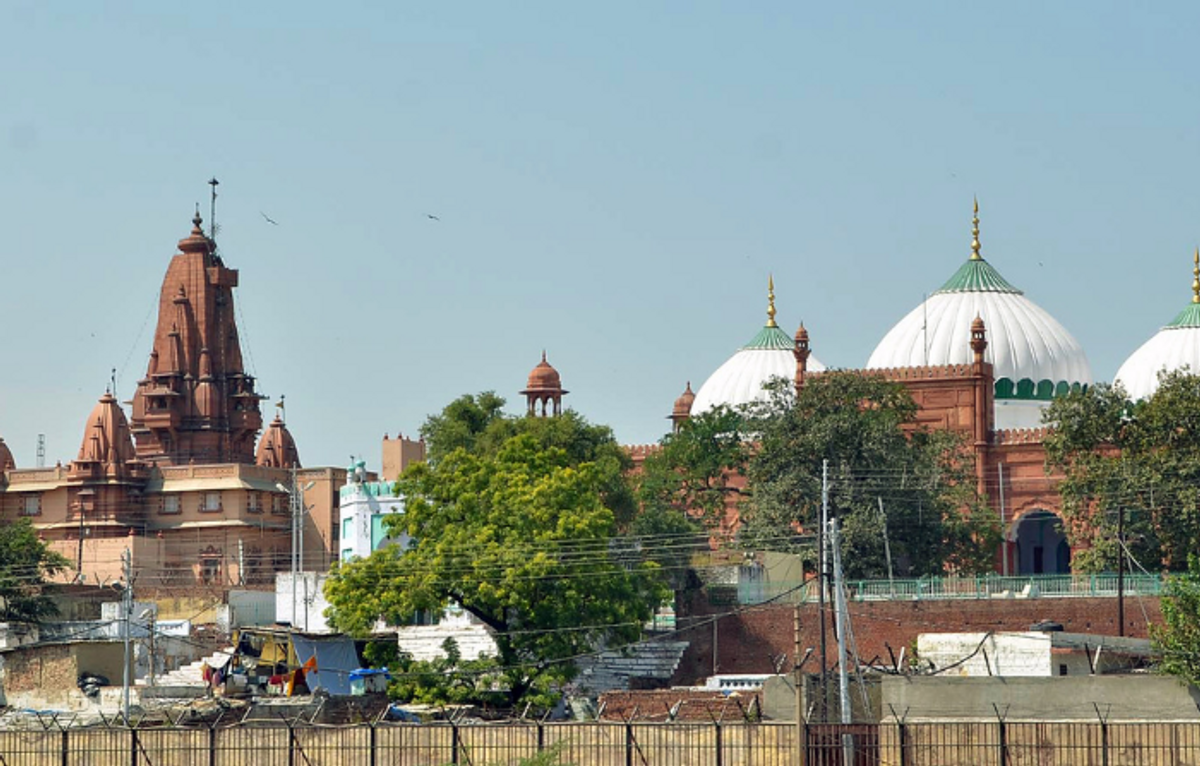 Hindu temple and Muslim mosque in Mathura in Uttar Pradesh