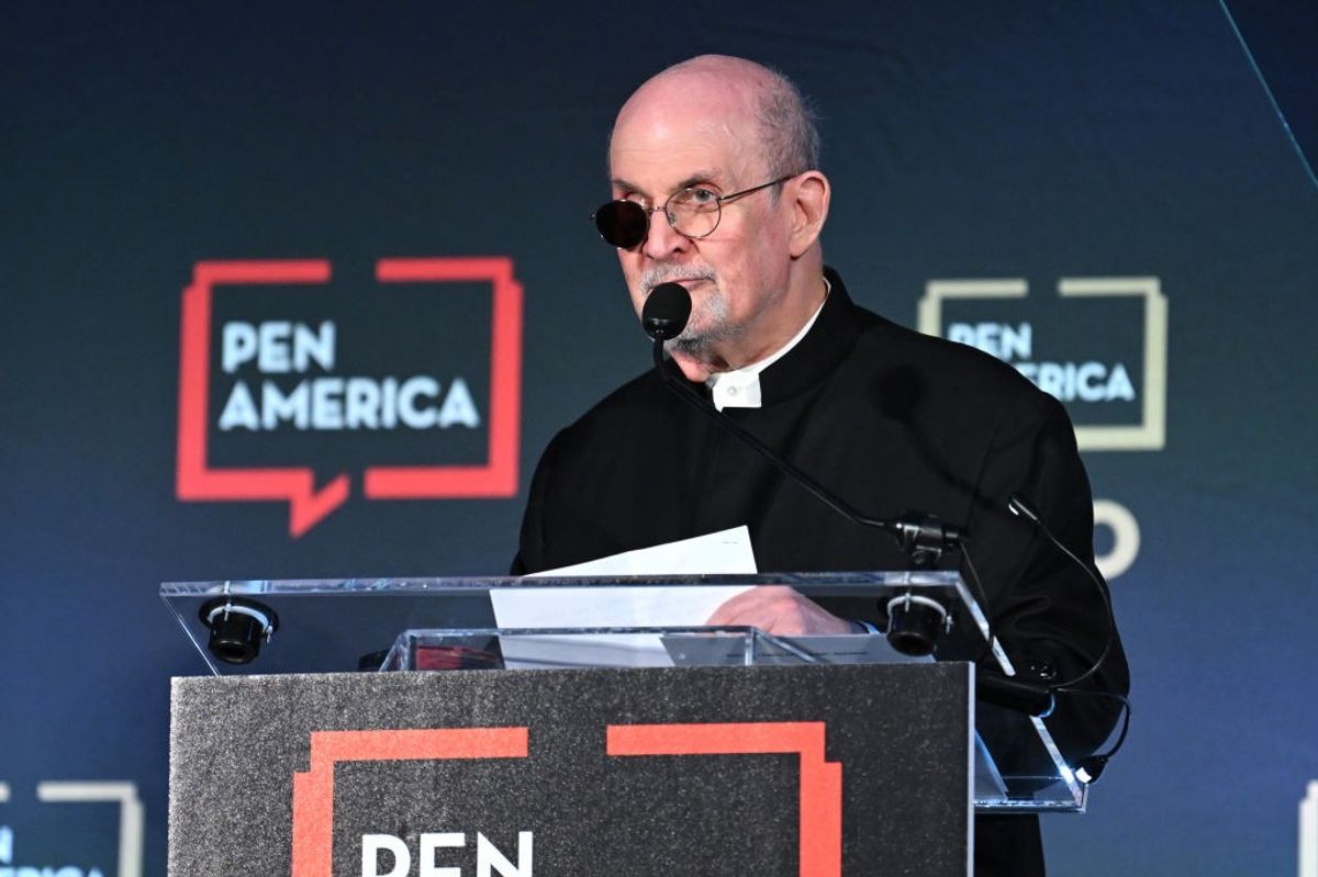 Honoree Salman Rushdie speaks on stage at the 2023 PEN America Literary Gala at American Museum of Natural History on May 18, 2023 in New York