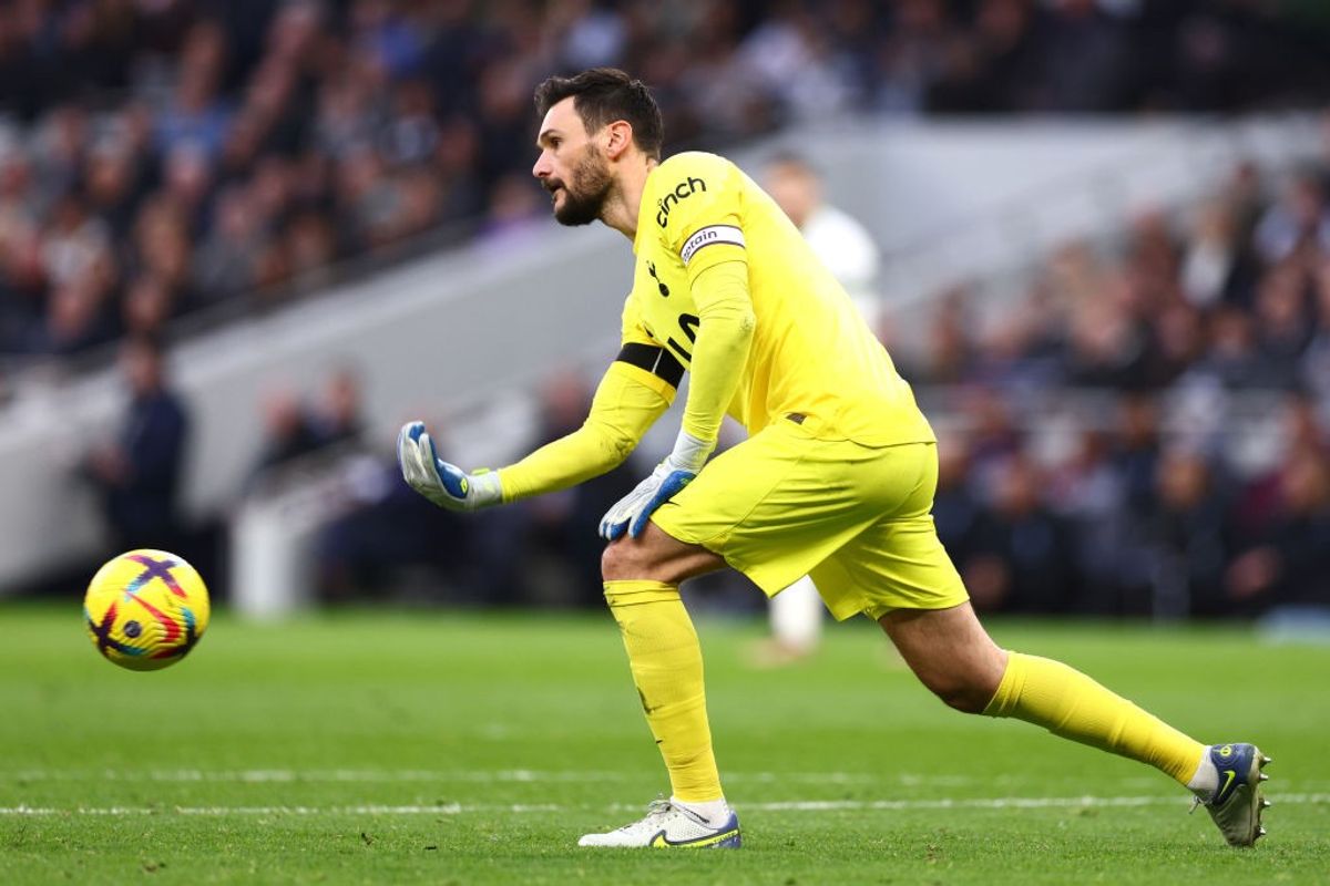 Hugo Lloris of Tottenham Hotspur distributes the ball during the Premier League match between Tottenham Hotspur and Aston Villa at Tottenham Hotspur Stadium